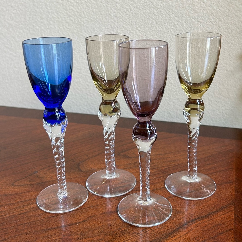 Vintage set of 4 Italian colored blown glass 6 1/3 inch cordials